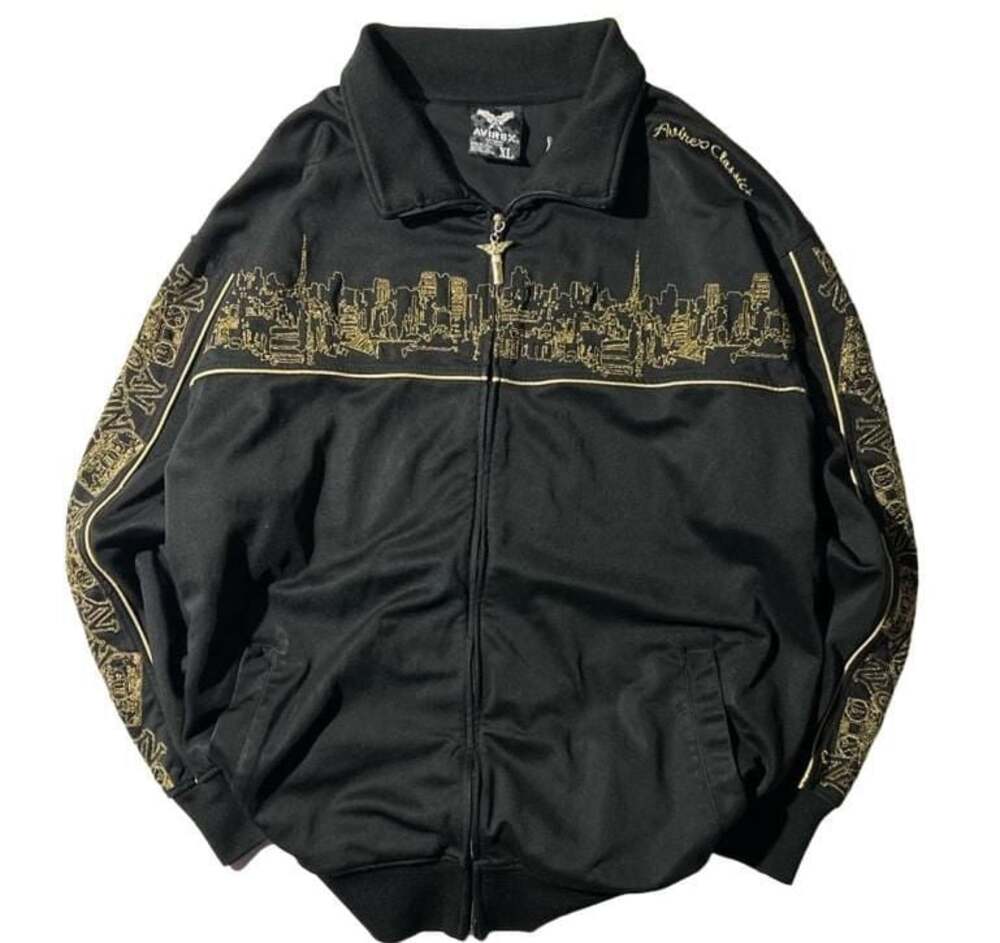 VTG 00s Avirex Classics Black Gold Embroider NY Skyline Full Zip Track Jacket XL